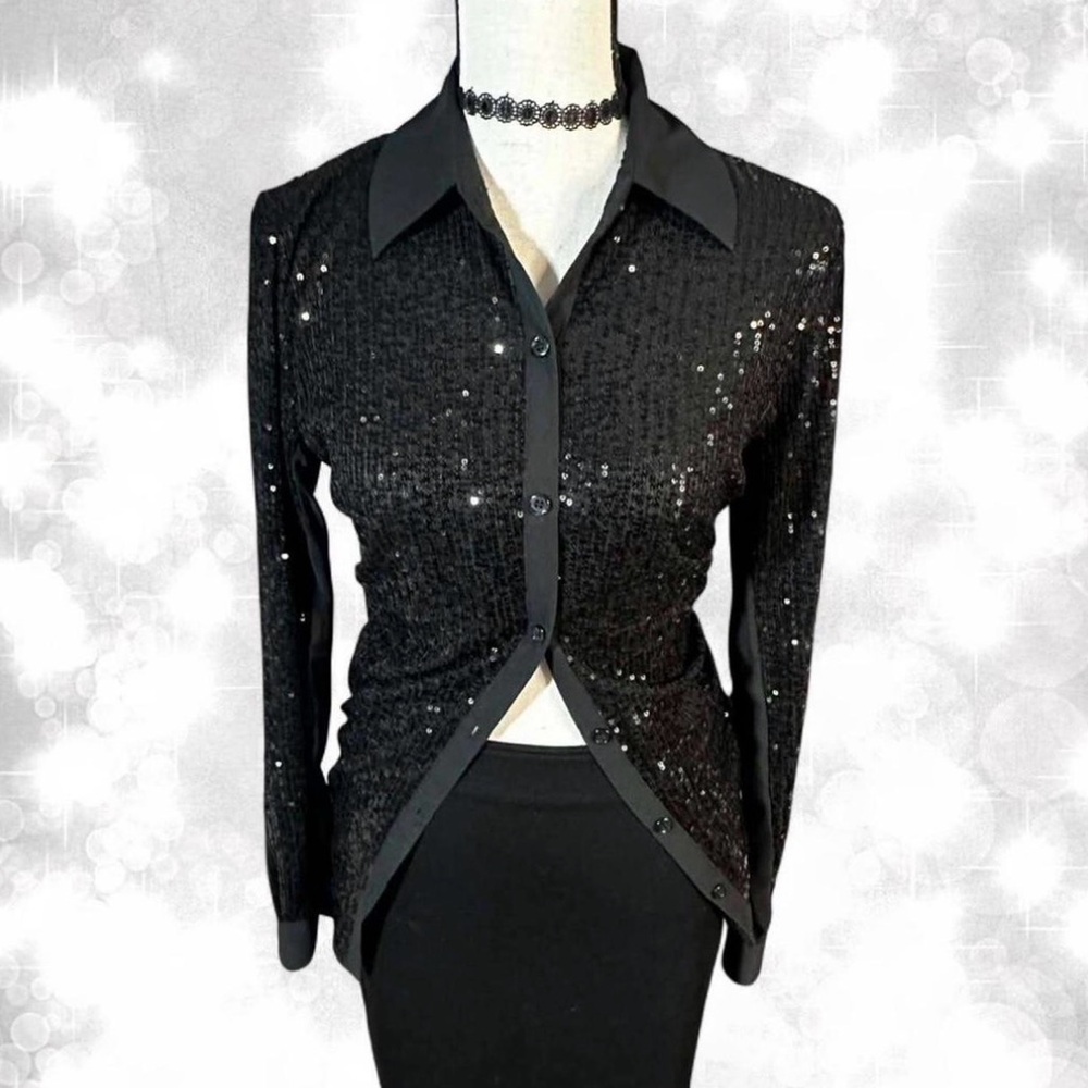 Glam Goth Black Sequin Button-Up Blouse